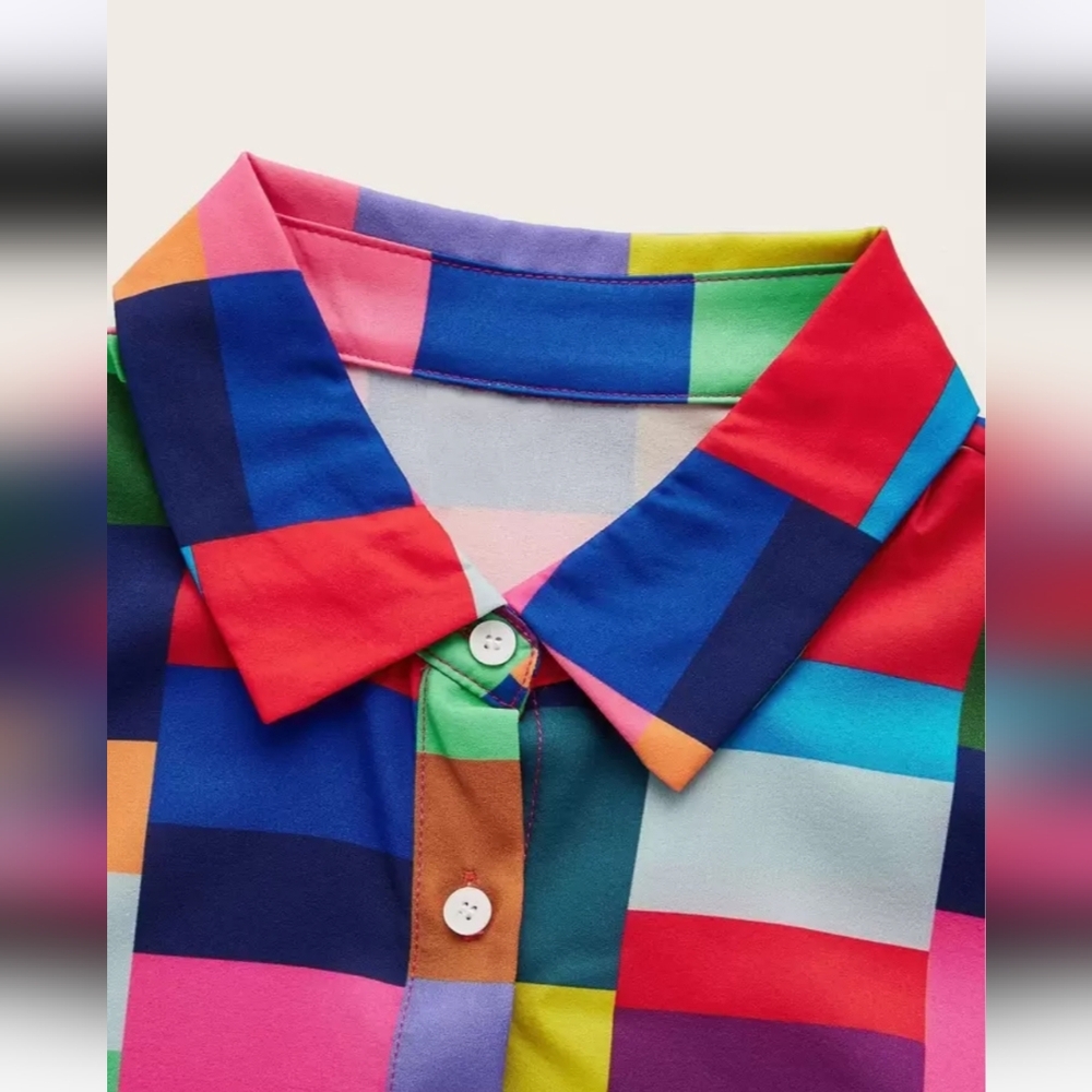 Colourful Checkered/Plaid Button-Up Short Sleeve Shirt with Collar - Picture 3 of 11
